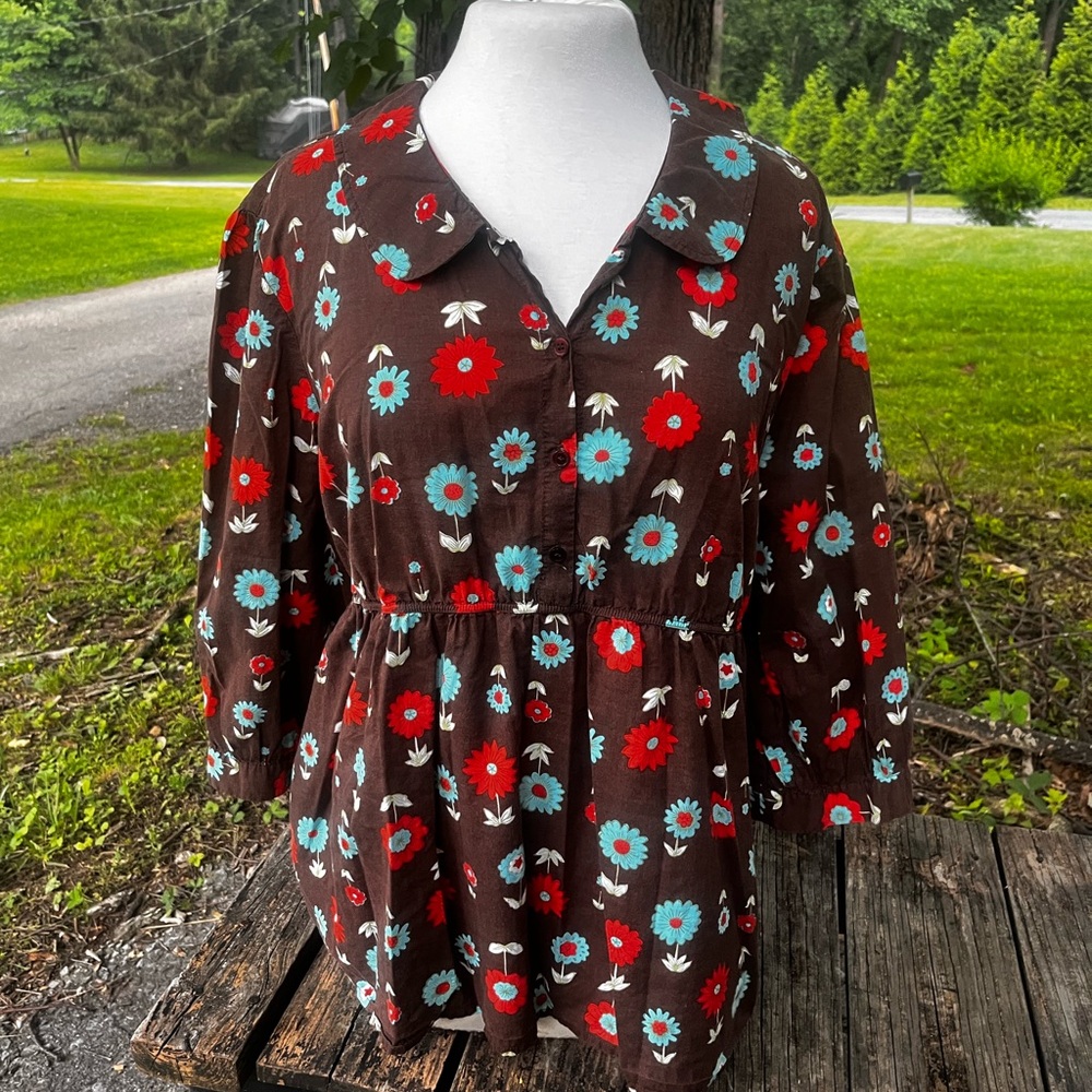 CATO WOMENS XL BROWN RETRO FLORAL BLOUSE
